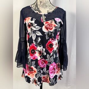 Adele & May Floral Navy & Pink Elegant Blouse with Sheer Bell Sleeves Size M